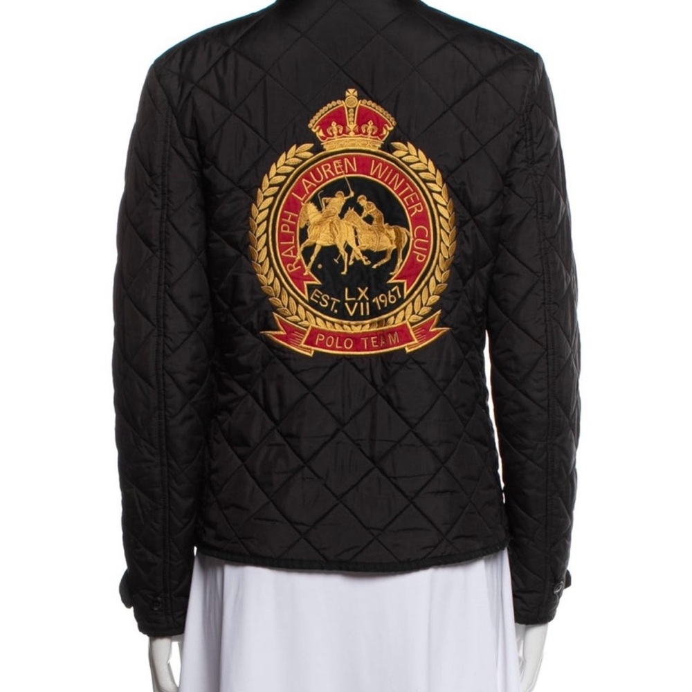 Reversible Ralph Lauren Black Quilted Bomber Jacket with Gold Emblem